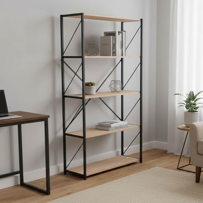 Βιβλιοθήκη Tikilmo pakoworld oak μελαμίνης-μαύρο μέταλλο 88x34x180εκ