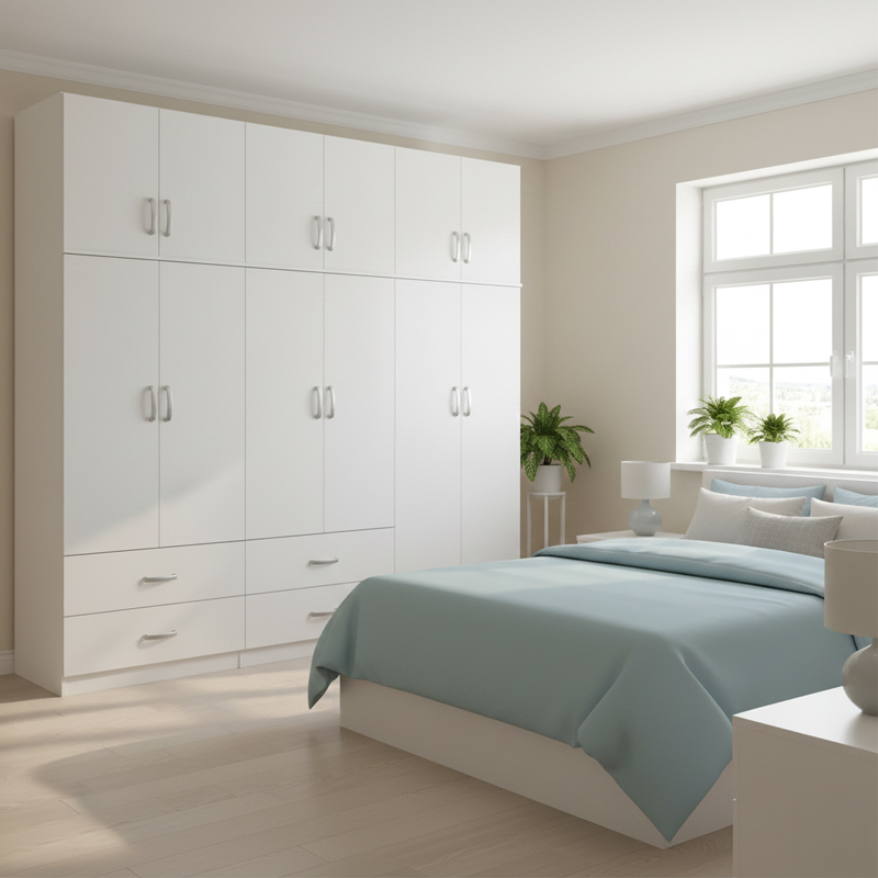 Ντουλάπα εξάφυλλη με πατάρι Athos pakoworld λευκή 240x42x240εκ