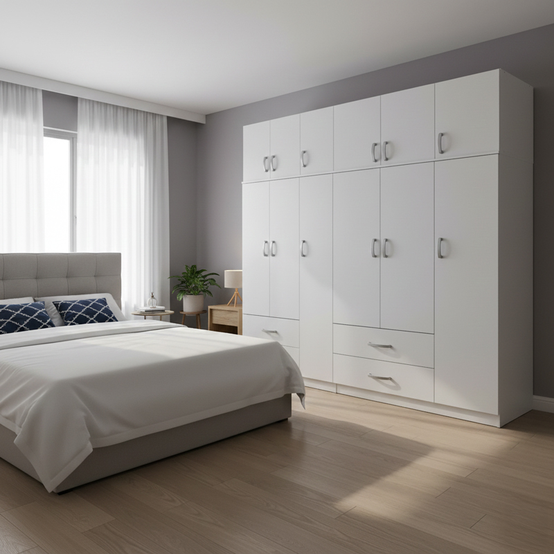 Ντουλάπα εξάφυλλη με πατάρι Athos pakoworld λευκή 180x42x240εκ