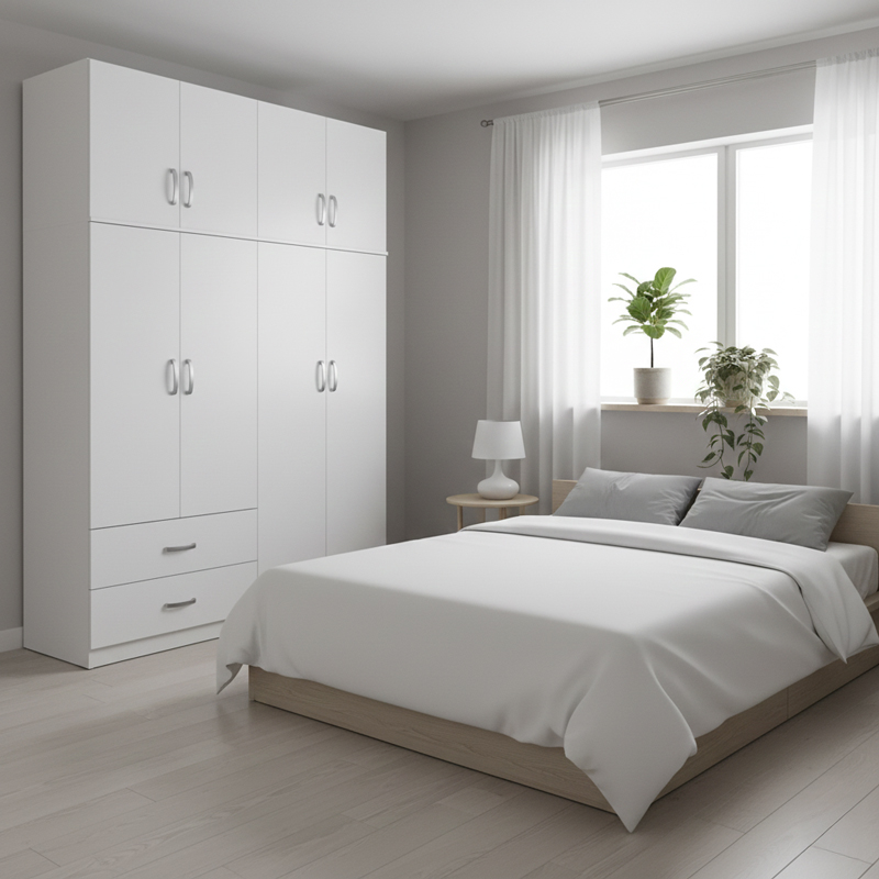 Ντουλάπα τετράφυλλη με πατάρι Athos pakoworld λευκή 160x42x240εκ