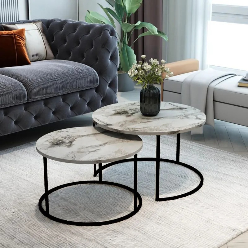 Τραπέζια σαλονιού Solme pakoworld 2τεμ λευκή όψη μαρμάρου με μαύρα μεταλλικά πόδια