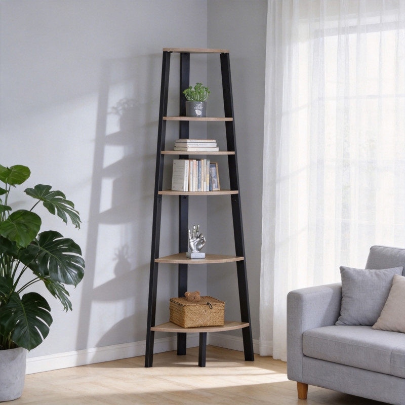 Γωνιακή βιβλιοθήκη Arvia pakoworld oak με μαύρο μέταλλο 53.4x37.8x160.3εκ