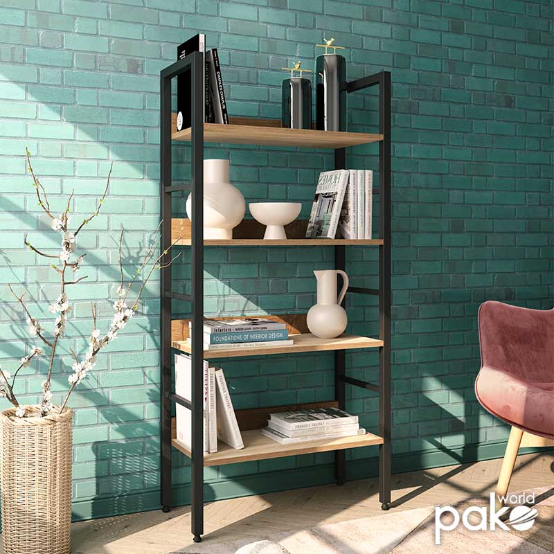 Βιβλιοθήκη- Ραφιέρα Ramon pakoworld φυσικό-μαύρο 60x28x125,5εκ