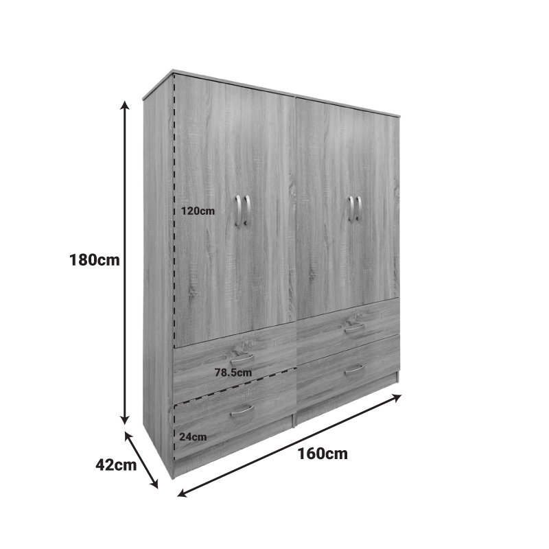 Ντουλάπα τετράφυλλη με συρτάρια Athos pakoworld sonoma 160x42x180εκ