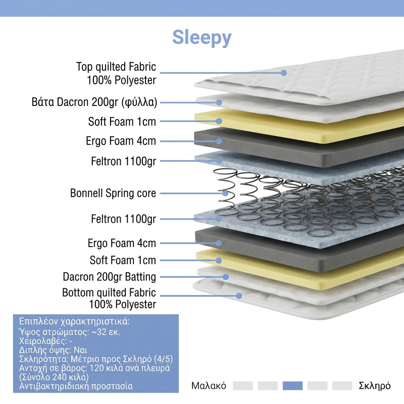 Κρεβάτι με στρώμα Athos Sleepy pakoworld sonoma λευκό 160x200εκ